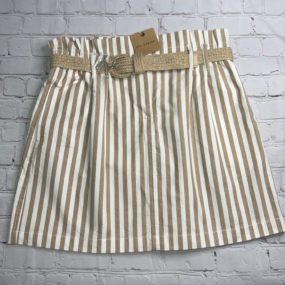 Beige & White Linen Striped Skirt | Large